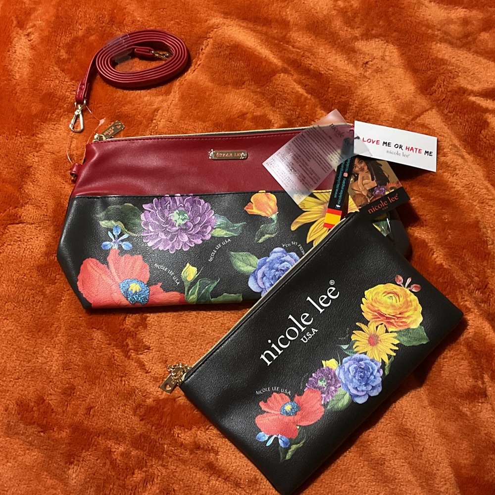 Nicole Lee Red and Black Floral Clutch Set